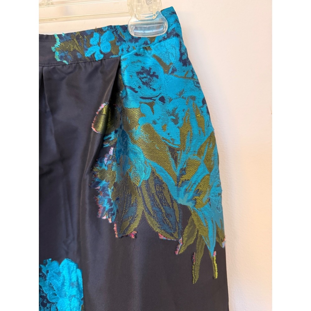 Anthropologie Floral Brocade Midi Skirt Womens Navy Blue Turquoise A-Line Party - Picture 6 of 16